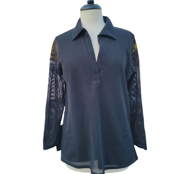 Joan Vass Black 3/4 Sleeve V Neck Mesh Pullover Collared Top Women's Size Large - Picture 1 of 13